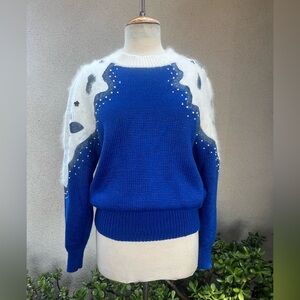 Vintage glam pullover sweater blue white embellish beads fuzzy angora L Shannan